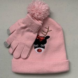 NEW Girls Reindeer Knit Toque Hat & Glove Set